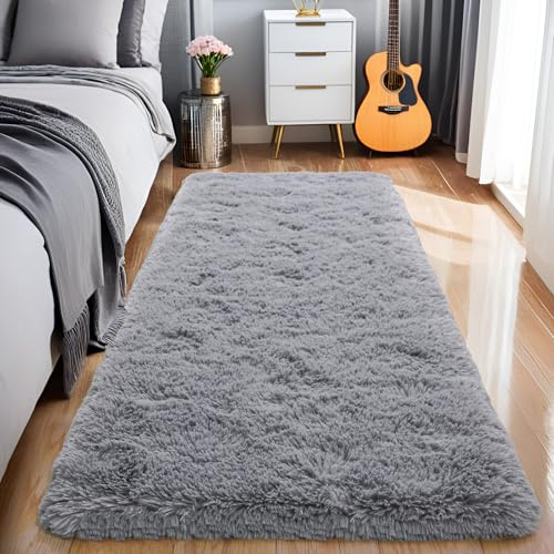BSGIFT Teppich Hochflor Flauschig 80x150 Läufer Grau, Shaggy Langflor Teppich Wohnzimmer rutschfest für Schlafzimmer Kinderzimmer, Modern Wohnzimmerteppich Bettvorleger High-Pile Carpet