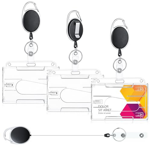 Kartenhalter Ausweis 3er Set, Zweilagiger Ausweishalter mit Ausziehbarer Schlüsselanhänger Clip, Transparenter Hartplastik Kartenhülle für Dienstausweis, ID Karten, Busfahrkarten (Horizontal)