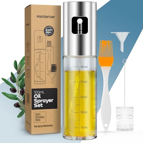 PORTENTUM Ölsprüher 100 ml aus Edelstahl, Ölspender Glasflasche mit Zubehör, Auslaufsicherer Ölspray für Kochen, Grillen, Salat und Heißluftfritteuse
