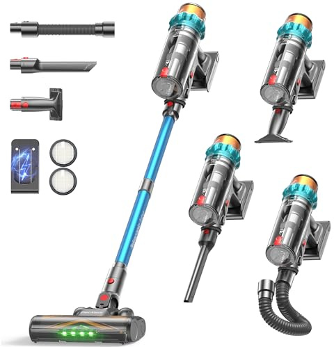 ElecKeys Akku Staubsauger 50000Pa/600W/70Min, Staubsauger Kabellos mit LED Display, 1,8L Akkustaubsauger mit Anti-Tangle-Bürste, Selbststehend für Tierhaare Teppiche Hartböden Auto, Blau, K10
