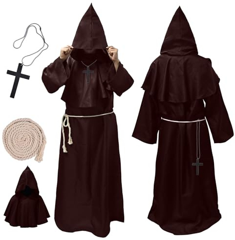 Faburo Halloween Kostüm Herren, Robe Mönch Kostüm Set mit Kapuze Kordel Kreuz, Mönchskutte für Halloween, Karneval Mottoparty und Rollenspiel, Faschingskostüme Männer, Priester Mönchskostüm
