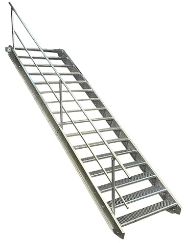 16 Stufen Stahltreppe mit einseitigem Geländer/Breite 90cm Geschosshöhe 274-340cm / Robuste Außentreppe/Wangentreppe/Stabile Industrietreppe für den Außenbereich/Inklusive Zubehör