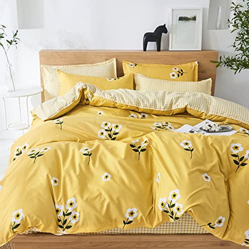 Boqingzhu Bettwäsche 135x200cm Gold Gelb Weiß Blumen Muster Kariert Wende Bettwäsche Set Microfaser Bettbezug und Kissenbezug 80x80cm mit Reißverschluss