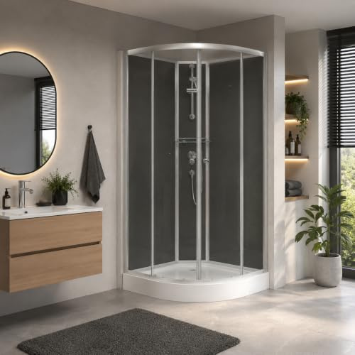 Schulte Komplettdusche Verona 90x90 cm Runddusche Viertelkreis | Komplett ausgestattete Runddusche mit Duschwanne, schwarzen Rückwänden, ESG-Sicherheitsglas und Duschsystem.