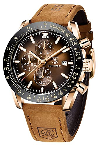 BENYAR BY herrenuhr Braun Leder Strap Quarz Chronograph Uhr Männer Datum Kalender Wasserdicht Armbanduhr Herren Sport mit Blau/Schwarz Zifferblatt