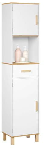 EUGAD Badezimmerschrank,Hochschrank, Badschrank mit 5 Fächern 1 Schublade, weiße Kommode im Badezimmer, Schrank mit verstellbaren Trennwänden, weiß 40x180x30 cm