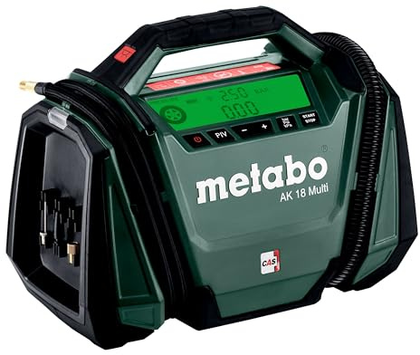 metabo Akku-Kompressor AK 18 Multi - 18 V, 11 bar, 16 l/min - Vielseitig einsetzbar, für Auto- und Fahrradreifen, Bälle, Luftmatratzen, mit LED-Licht und 12V KFZ-Kabel - Ohne Akku und Ladegerät