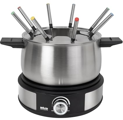 Silva Schneider Elektro-Fondue PK-F 140 | 1500W | 1,4 l Edelstahl-Topf | Für 8 Personen | Stufenloses Thermostat | Überhitzungsschutz | Rutschfeste Standfüße