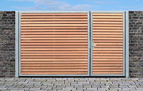 SRM Design Einfahrtstor Qas Tor Holztor Gartentor Hoftor Verzinkt mit Pfosten & Holzfüllung 2-flügelig 400cm x 180cm