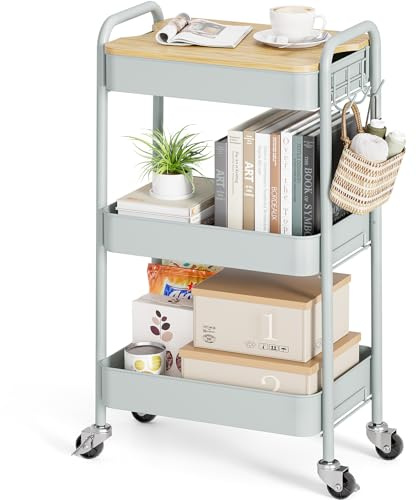 KINGRACK Rollwagen mit 3 Ebenen, Metallwagen mit abnehmbarem Holztablett, Aufbewahrung, Kunstwagen, Trolley, Organizer, Servierwagen, einfache Montage