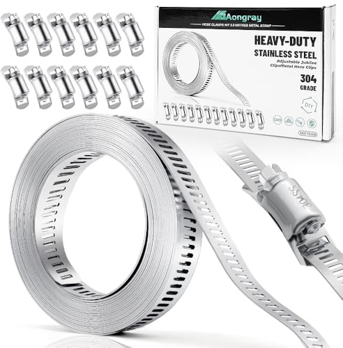Aongray 3.5m Schlauchschellen,304 Edelstahl lochband metall mit 12 Stück Befestigung,DIY Schlauchbinder set für Wasser Rohr, Gas Rohr, Automobil Tubing,Pool, Waschmaschine, Garten(Neue Verpackung)