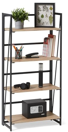 Amazon Basics Klappbares Bücherregal, Metallrahmen, 4 Regalböden aus Holzwerkstoff, Eiche-Optik, Schwarze Pulverbeschichtung, Wandverankerung, 29,5cm x 60cm x 125cm, für Wohn-/Schlafzimmer, Homeoffice