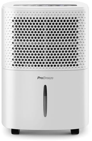 Pro Breeze Luftentfeuchter 12L in 24h Entfeuchtungsleistung - Raumgröße ca. 120m³ (~20 m²) - mit 3 Betriebsarten, Digitalanzeige, Ablaufschlauch, Timer - Gegen Feuchtigkeit, Schimmel Weiß