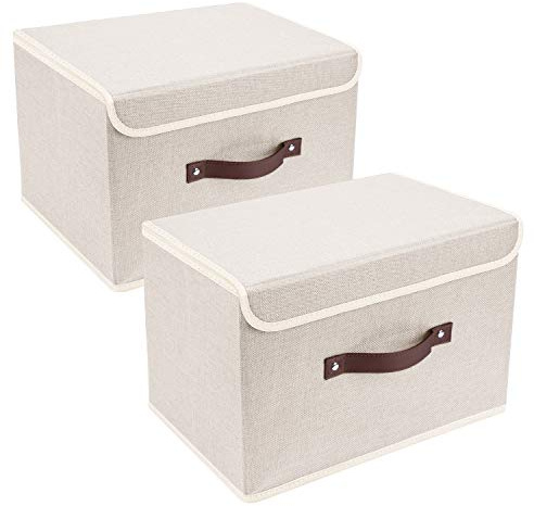 TYEERS Faltbare Aufbewahrungsbox mit Deckel, Stoff, Waschbare, Kisten Aufbewahrung mit Deckel, 38x25x25 cm, 2-Stück, Beige
