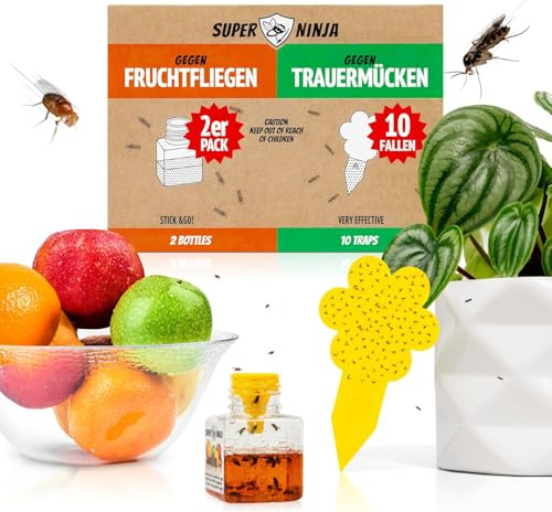 Super Ninja Fruchtfliegenfalle & Trauermücken Bekämpfen Kombi – 2 Obstfliegenfallen für Küche + 10 Gelbtafeln gegen Trauermücken, Nematodenfrei, Nicht-Toxisch, Bis zu 3 Monate Schutzg
