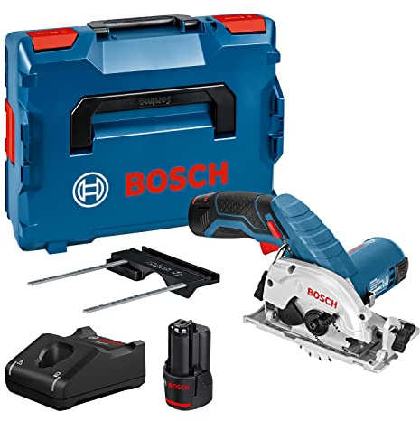 Bosch Professional 12V System Akku Kreissäge GKS 12V-26 (Sägeblatt- : 85 mm, inkl. 2x3.0Ah Akkus und Ladegerät, in L-BOXX 136) Blau Schwarz