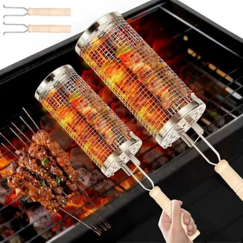 Niuny Zylindrischer Grillkorb Edelstahl 2 Stk Rollender Grillkorb mit Holzgriff Grillzubehör 2 Größen Outdoor Küche Grill Zubehör für Gemüse-Grillkorbs Gegrilltes Gemüse Fleischspieße Meeresfrüchte