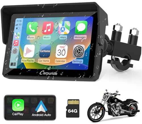 CARPURIDE W502 CarPlay Motorrad Navi 5 Android Auto Bluetooth Wasserdicht | Kabelloses CarPlay, Bluetooth, 64GB Speicherkarte, GPS, Siri, Google Assistant und Touchscreen für Motorräder.