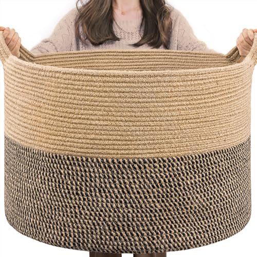 TIMEYARD Korb Aufbewahrung, Aufbewahrungskorb Kinder, Wäschekorb Kinderzimmer Groß Weihnachtsbaum Körbe, Korb für Decken, Baby Spielzeug, Körbe Geflochten, 55x35cm, Schwarz & Jute