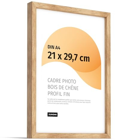 JUNOMI® Premium Bilderrahmen A4 (21x29,7 cm) Eiche Echtholz | Posterrahmen | Bilderrahmen aus Holz mit bruchsicherem Acrylglas, zum Aufhängen an der Wand oder Aufstellen