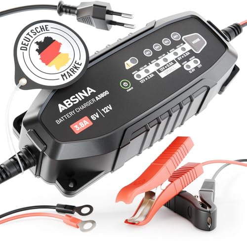 ABSINA 3,8 A Batterieladegerät KFZ für 6V & 12V Blei Batterie bis 120Ah & 12,8V Lithium - Ladegerät Autobatterie - AGM Ladegerät 12V für Auto Motorrad Wohnwagen - Erhaltungsladegerät