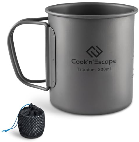 COOK'N'ESCAPE Titan Becher Camping – Ultraleichte Camping Tasse aus Titanium mit klappbarem Griff, Aufhängbar, Robust & Hitzebeständig, ideal für Camping, Wandern und Outdoor-Picknick,(300ml)