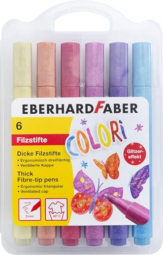 EBERHARD FABER- Filzstifte Set Glitzer, 6 Stück | Dicke Malstifte im Kunststoffetui, Strichstärke 2 mm