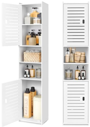 OUDIE Hoher Badezimmer-Aufbewahrungsschrank, freistehender Vitrine, schmaler Aufbewahrungsschrank, Möbel-Organizer für Büro, Wohnzimmer, Küche, Eingangsbereich, Toilettenpapier, Weiß