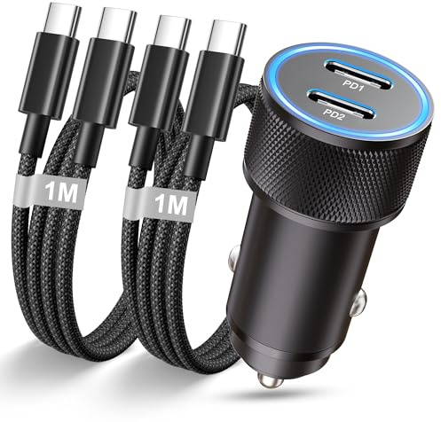 Zigarettenanzünder USB C Autoladegerät, 60W PD Auto Ladegerät USB C Kfz Ladegerät Stecker PD Schnellladegerät Auto Adapter mit 2X USBC Ladekabel für Samsung S25 S24 Ultra S23 S22, iPhone 17 16 15 Pro