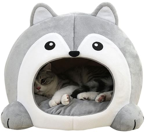 TATZIO Designer Katzenhöhle grau – Lustige Schlafhöhle & Katzenhaus mit Kissen, Katzenbett, Faltbarer Rückzugsort für Katzen, Kitten und Kater, kuschelig & formstabil