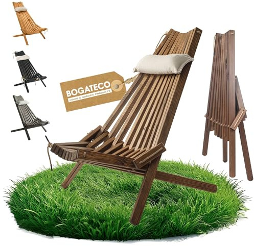 BOGATECO Klappbare Gartenliege aus Holz mit Kopfkissen - Deckchair für Garten, Balkon und Terrasse - Holzliege Zusammenklappbar - Sonnenliege ohne Metallteile - 100x55x30 cm - Dunkelbraun