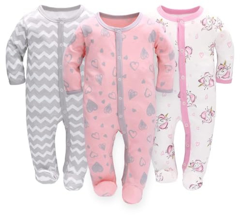 3PCS Baby Schlafstrampler Babychlafanzug Babyschlafsack Baumwolle mit Füßen mit knöpfen Gr. 56 62 68 für Junge Mädchen Neugborenen