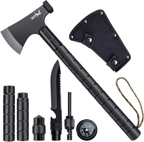 Golden Bird Axt Survival 9 in 1, Camping Survival Axt Set, Scharfe Camping Beil Multitool mit Hammerscheide Pfeife, Kompass - Geschenke für Männer