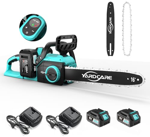 YARDCARE Akku-Kettensäge 16 Zoll, 1600 W Brushless-Motor, Kettengeschwindigkeit 21 m/s, mit LED-Display und 2× 4-Ah-Akkus, werkzeuglose Kettenspannung und automatische Schmierung