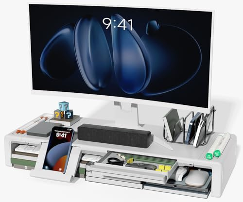 OImaster Monitorständer Riser, klappbar, höhenverstellbarer Computerständer mit Schublade & Stiftefach, kompatibel als Handyhalter, für Computer, Desktop & Laptop, platzsparend (Weiß)