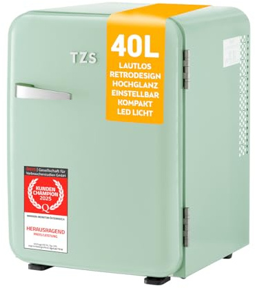 TZS First Austria - Retro Mini Kühlschrank 40L lautlos - Kleiner Minikühlschrank im Vintage-Design mit Innenbeleuchtung & 2 Türfächern - Minibar für Camping, Büro, Schlafzimmer & Hotel - mint
