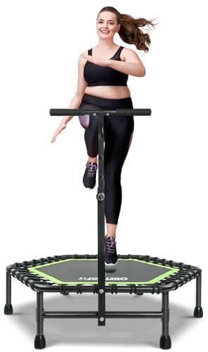 ONETWOFIT 114cm Trampolin lndoor,Rückprall Trampolin für Erwachsene, Leises Mini Trampoline für das Outdoor Training, Fitness Trampoline mit Bungee Rückpraller (Grün-Sechskant-mit Griff)