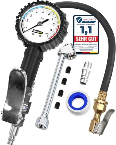 GERCHWAY Reifenfüller mit Manometer – Präziser, robuster 0-10 bar Druckluft Reifendruckfüller für Kompressor – Extra langer 50 cm Schlauch – Luftdruckprüfer für Auto, Motorrad, LKW & Werkstatt