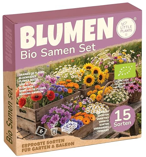 Bio Blumensamen Set - 15 Sorten Blumen Samen, Saatgut für Garten Balkon Hochbeet Blühwiese und mehr - Pflanzensamen Set