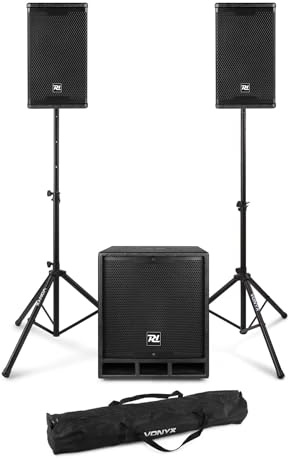 Power Dynamics Combo 1200 PA Anlage Komplettset, 2.1 Aktiv Lautsprecherboxen 1200 Watt, Subwoofer 12 Zoll, Bluetooth, DSP, PA Lautsprecher Aktiv, DJ Set Komplett, Mobile DJ Anlage mit Verstärker