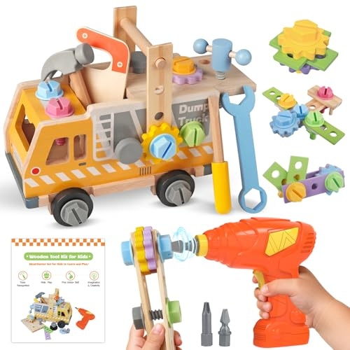 Fozcmisw Kinder-Werkbank mit Werkzeugkoffer, Holz-LKW, 40-teilig | Kinderwerkzeug Holzspielzeug Montessori ab 3 4 5Jahre, Bohrmaschine ,Hammer, Säge, Schlüssel; Bauen, Rollenspiel