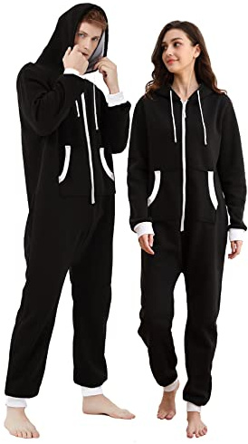 Dodheah Unisex Onesie Schwarz Pyjama Einteiler Overall Jumpsuits Nachtwäsche Familie Loungewear mit Kapuze Reißverschluss