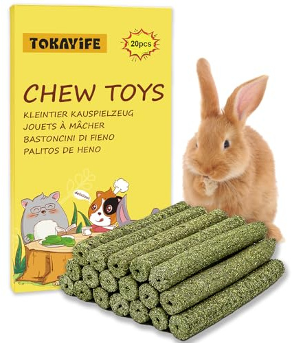 TOKAYIFE Kaninchen Kauspielzeug, 200g Timothy Heu Sticks für Kaninchen, Meerschweinchen, Hamster, Chinchilla, Häschen Leckerli (20 Stück (1er Pack))