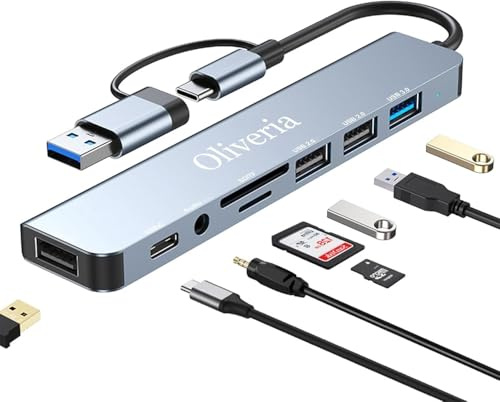 USB C Hub 3.0, 8 in 2 USB Hub 3.0 Multiport Adapter mit SD&TF Kartenleser, USB 3.0&USB 2.0 Ports, 3.5mm Audio Anschlüsse, USB Typ C Hub für MacBook Air/Pro, Galaxy, iPad, Windows usw