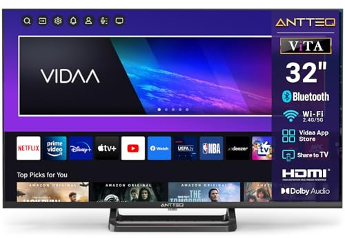 Antteq Smart TV 32 Zoll Bluetooth (Fernseher 80 cm) mit Mittelfuß,Voice Remote Control,HD,Triple Tuner(DVB-T2/S2/C),App Store,DAZN,UVM,WLAN,Hotelmodus (V32-AH3Q1L-BT)