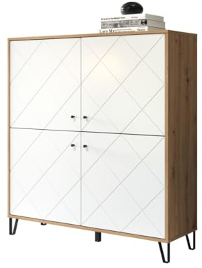 trendteam smart living - Touch - Sideboard - Weiß/Eiche - Highboard mit 4 Türen und 3 Einlegeböden - Fronten mit dekorativer Fräsung - (BxHxT) 123 x 136 x 40 cm - extravagante schwarze Metallfüße