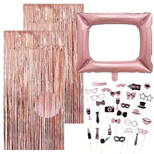 33 Stück Party Fotoautomat Requisiten Set, Fotobox Accessoires, Rosa | 30x Foto Booth Props, 2x Lametta Vorhang, 1x Aufblasbarer Fotorahmen 98x83cm, für Hochzeit Party Deko Geburtstag JGA