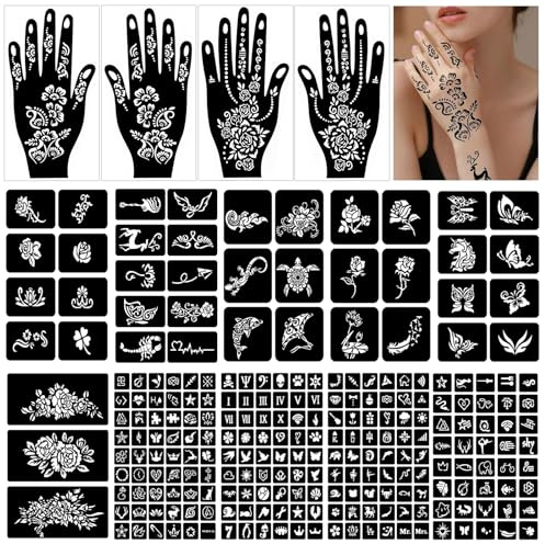 Henna Schablonen, 247 Stück Temporäre Henna Tattoo Schablonen, 14 Blätter Henna Tattoo Set für Frauen Mädchen Teens Face Paint Body Art