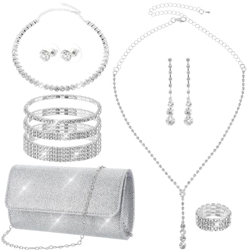 Telooco 9 Stück Silber Strass Schmucksets für Damen Brautschmuck Set Hochzeit Geldbörse Halskette Ohrringe Armband Ring und Unterarmtasche Schmuckset für Damen Abschlussball Hochzeit Party
