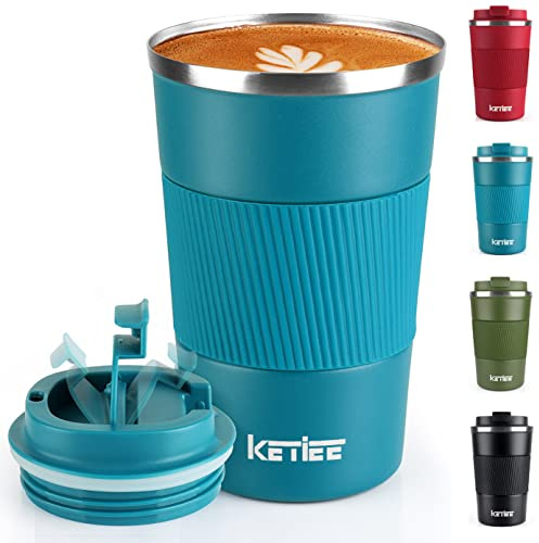 KETIEE Kaffeebecher to go,380ml Thermobecher Kaffee-to-go,Kaffeebecher Thermo,Doppelwandig Reisebecher Travel Mug,Vakuum Isolierbecher mit auslaufsicherem Deckel für Kaffee und Tee,Blau
